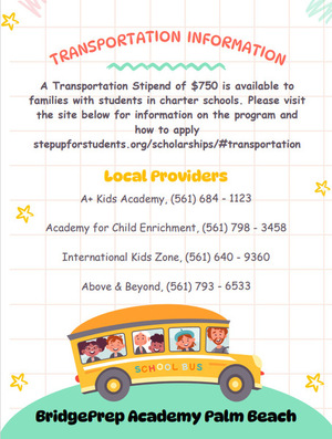 Transportation Information Options for BridgePrep Academy students. Visit the link below to find out how to apply for the stipend